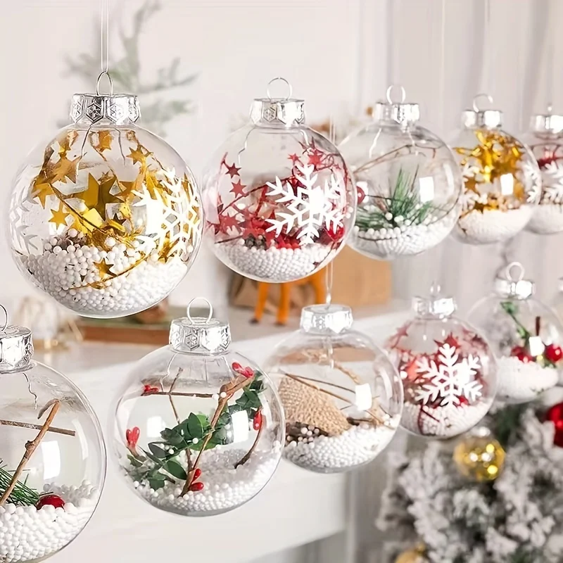 6 Stück transparente, befüllbare Weihnachtsschmuck zum Selbermachen, 6 cm Bastel-Kunststoffkugeln, festliche Baumschmuck, elektrische Feiertagsdekoration