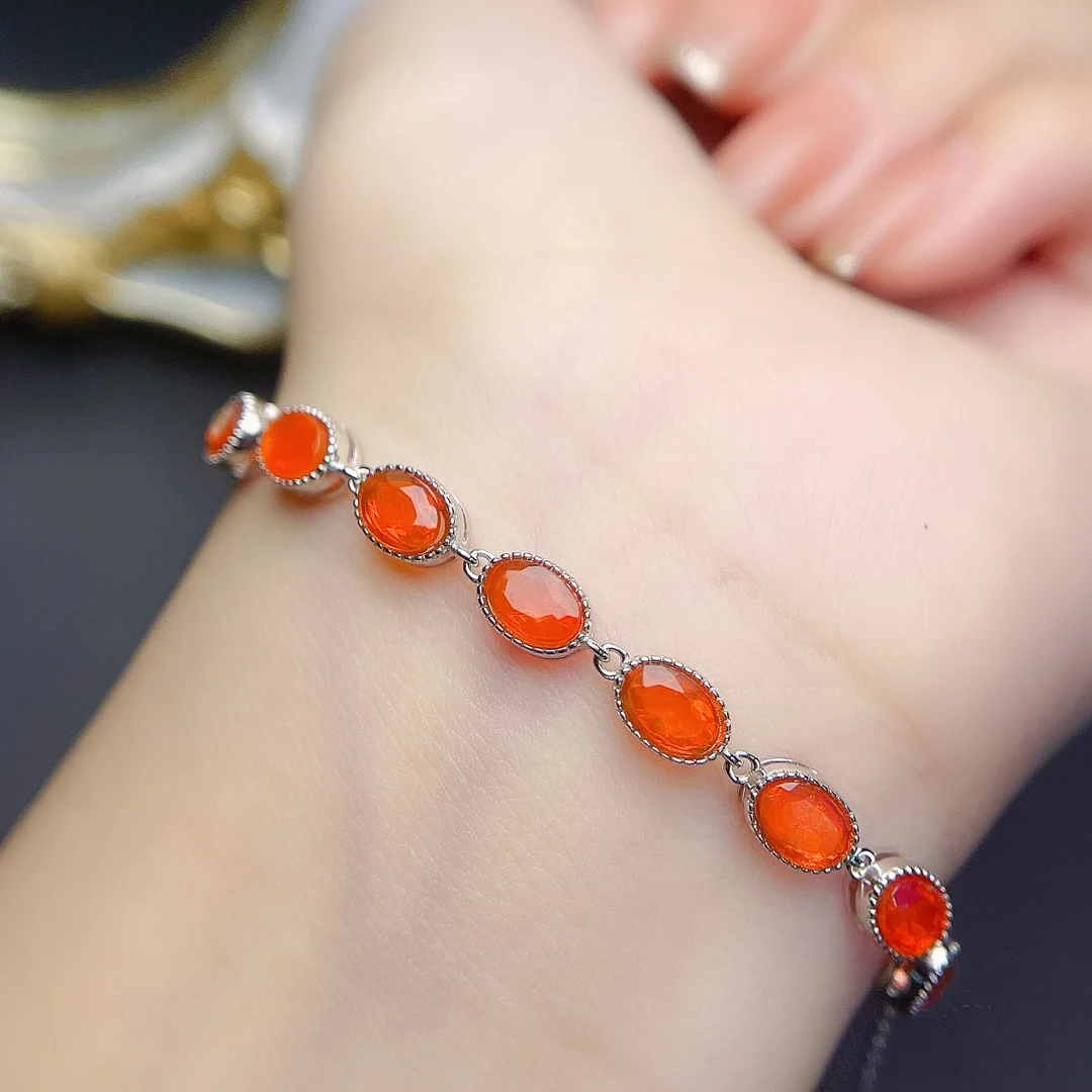 Oval 4x6mm Mexican Rare Natural Orange Fire Opal Bracelet Sterling Silver Earth Mined Opal Gemstone