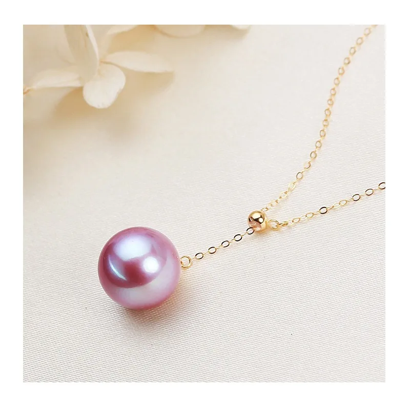 

Freshwater Pearl - Purple Round Strong Light Fine Flaw Pendant Gold Chopin Chain
