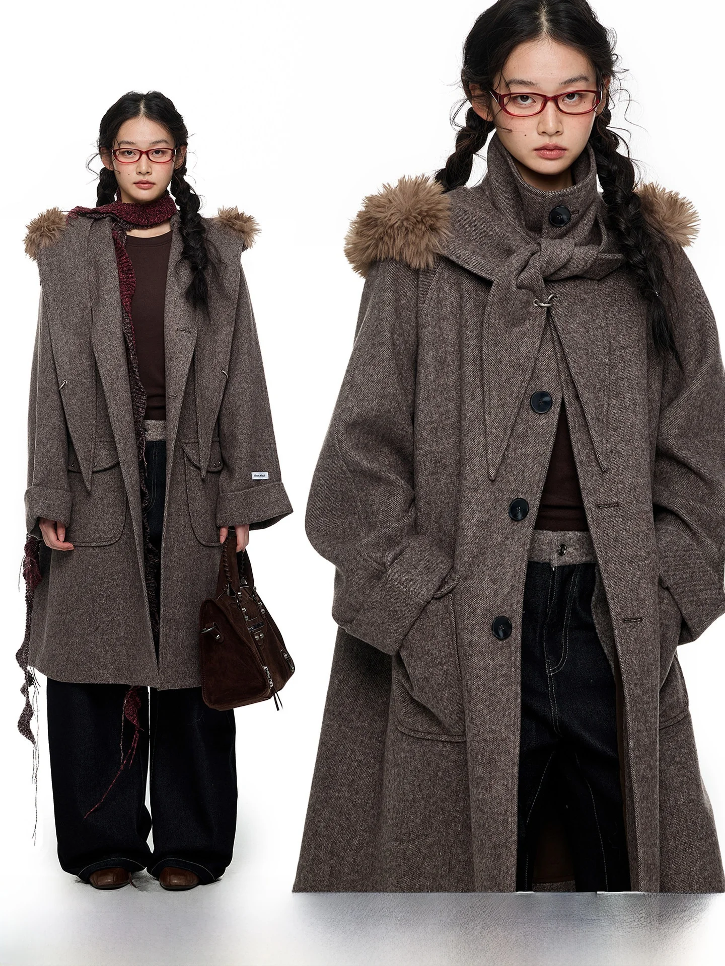 

Пальто JIKOO ручной работы из шерсти, женское, средней длины, с капюшоном и меховым воротником, зимнее, винтажное, с длинными рукавами