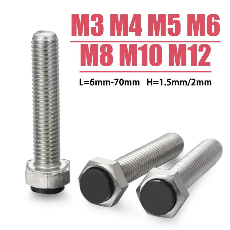 1Pc M3-M12 304 Stainless Steel Outside Hex Head Bolt External Hexagon Head Screw 6mm-70mm With 70A 90A Polyurethane Tip