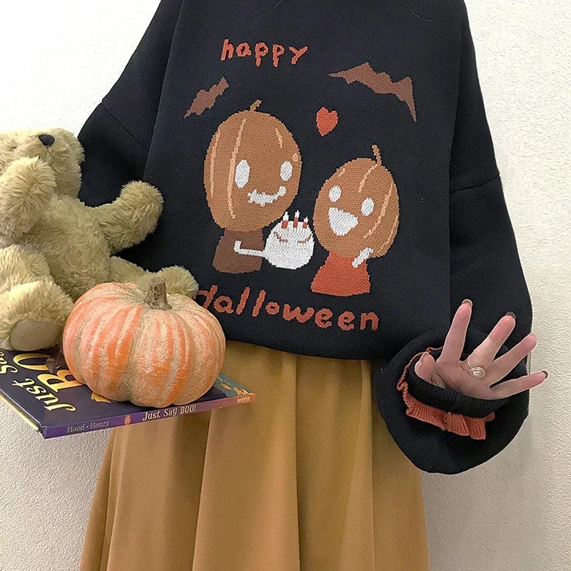 Halloween Sweaters Women Autumn Cute Pumpkin Pattern Turtleneck Lantern Sleeve Loose Pullovers Kawaii Clothes