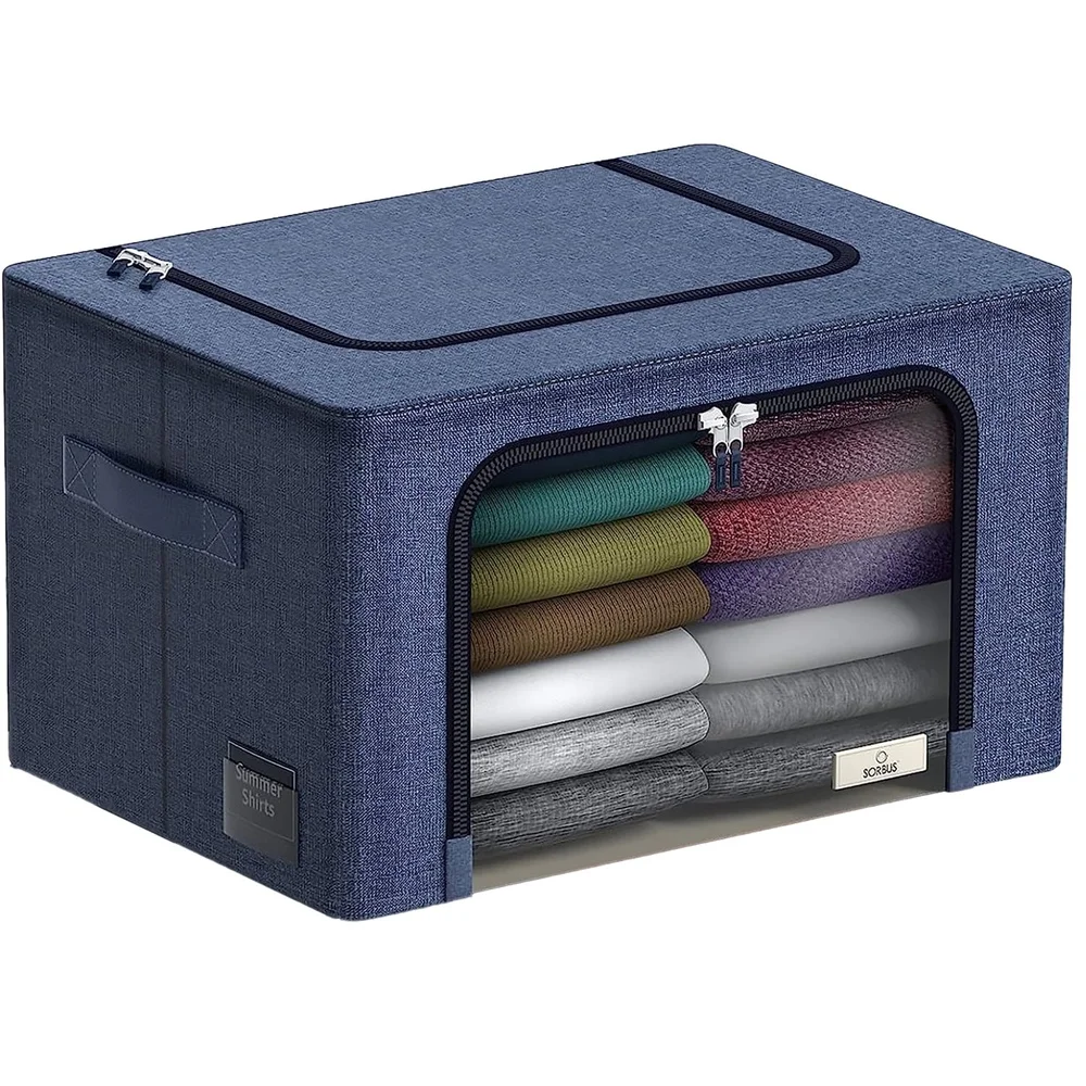 صناديق تخزين قابلة للتكديس وقابلة للطي مع إطار معدني ونافذة شفافة ومقابض بسحاب مزدوج وصناديق تنظيم متينة وفراش الملابس