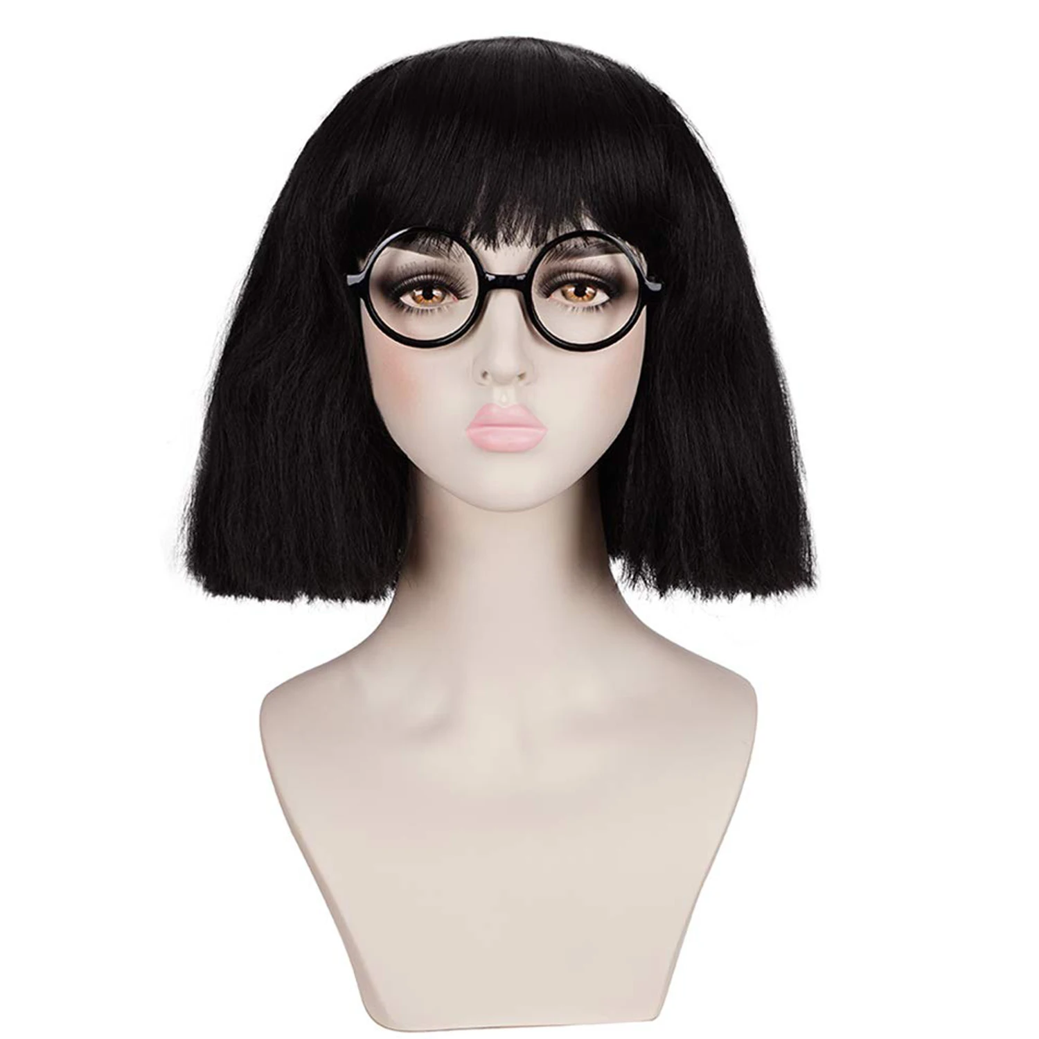 Black Medium Cosplay Wig with Cut Bangs for Women Including Glasses frame Synthetic