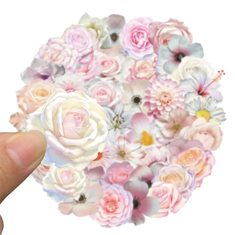50PCS Transparent Pink Vintage Floral Stickers Nature Plant PET Craft Decorative Small Flower Decals for Crafting And Decoration