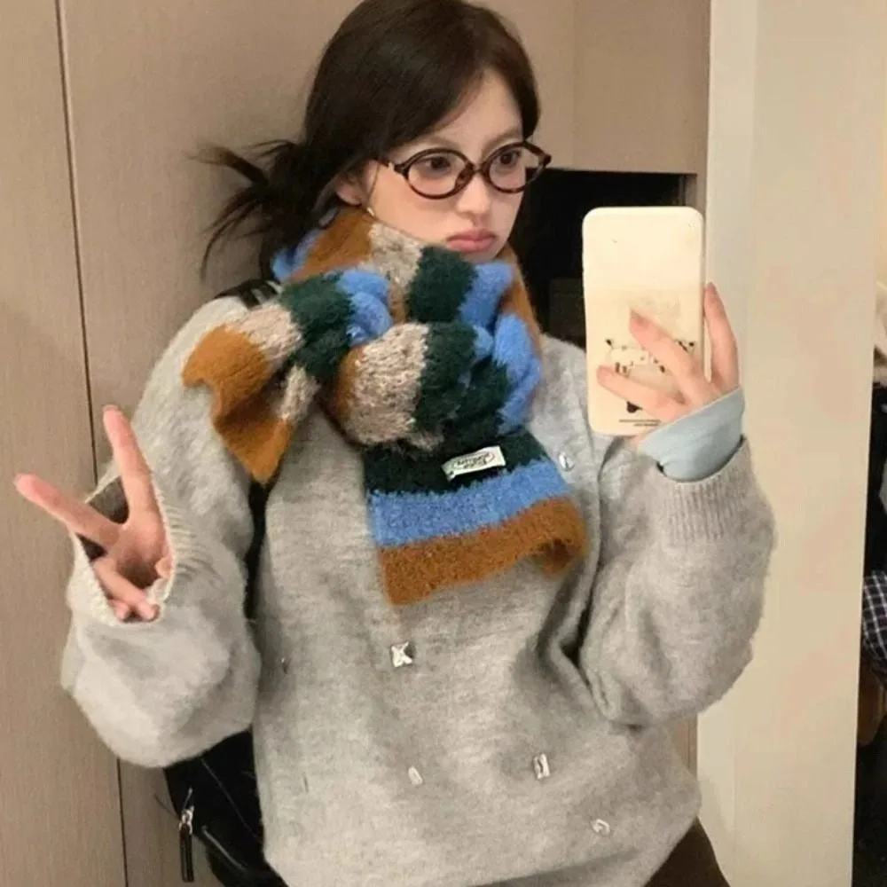 심플 프레피 스타일 체크 울 스카프 롱 두꺼운 스트라이프 스카프 한국 스타일 겨울 캐시미어 스카프 여성/남성용