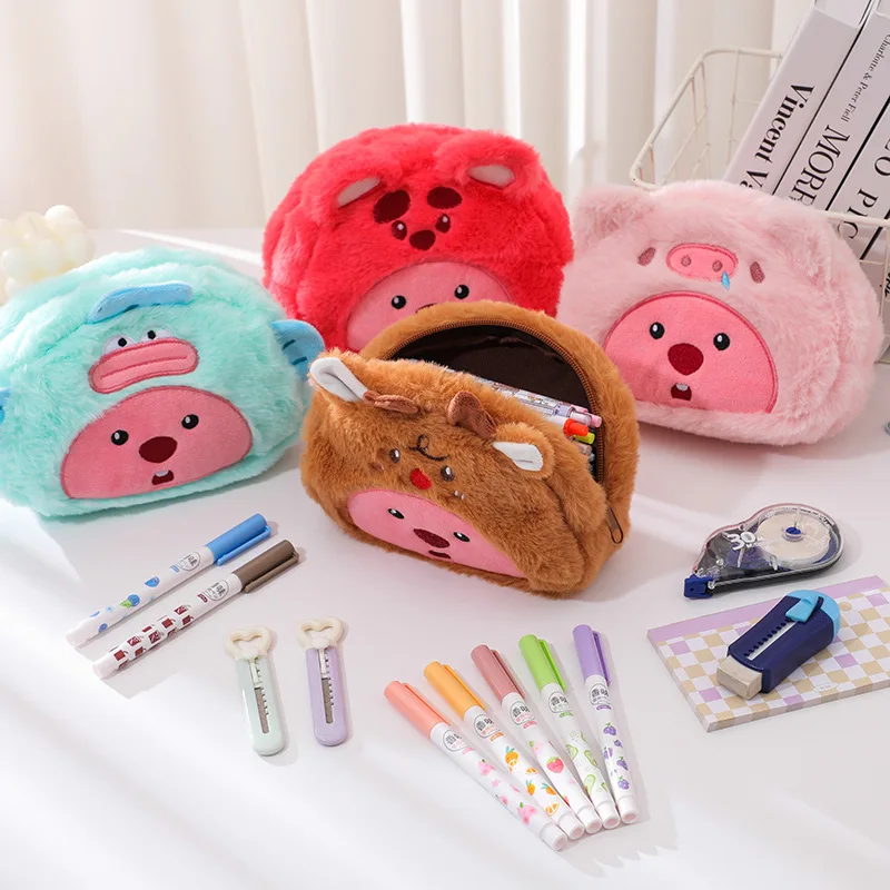 Cartoon Plush Pencil Bag Student Kawaii Storage Bag For Pen Cosmetic Brush Marker Pen Large Capacity Pen Case School Supply