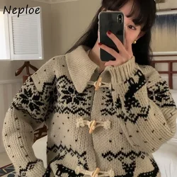 Neploe Heavy Industry Jacquard Lapel Collar Horn Button Sweater Coat  2024 Autumn Japanese Casual College Style Knitted Cardigan