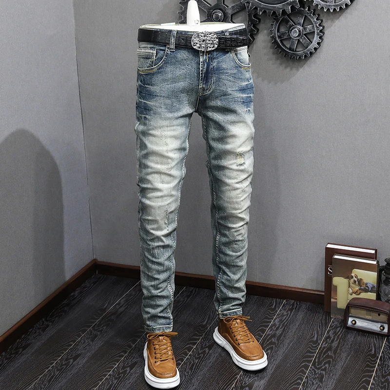 Italian Style Fashion Men Jeans Retro Washed Elastic Stretch Slim Ripped Jeans Men Trousers Vintage Designer Denim Pants Hombre