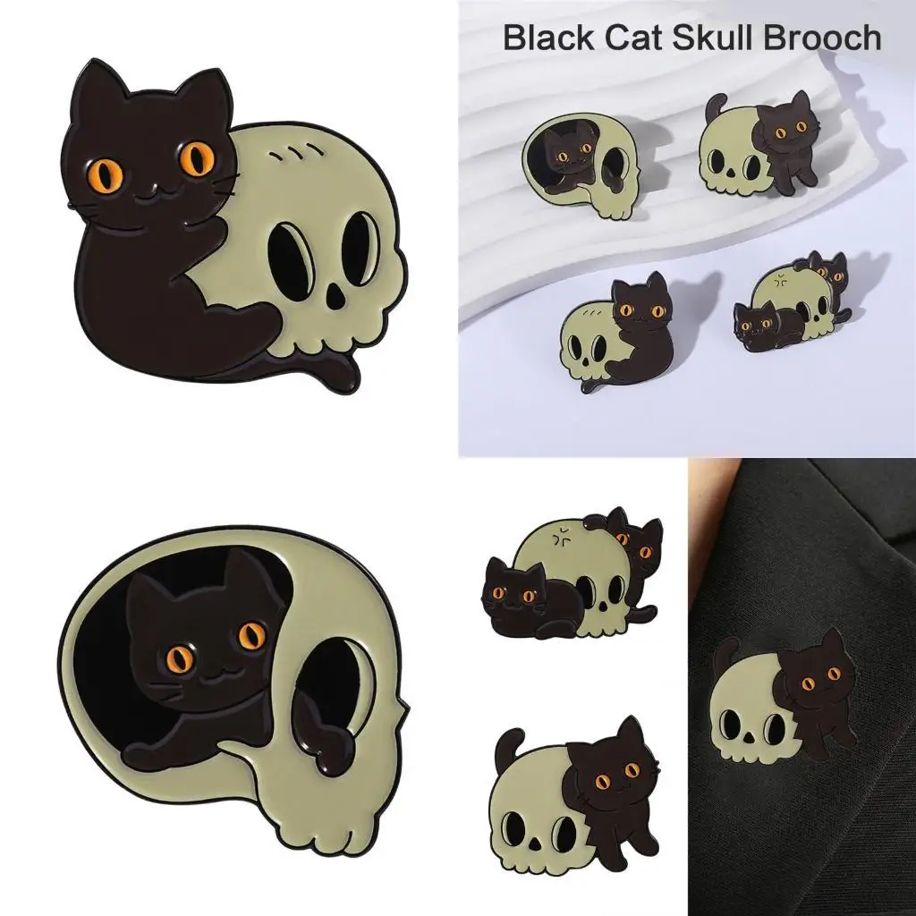 

A52E Rebellious Black Cats With Skull Charm Vintage Pin Alternative Fashion Jewelry