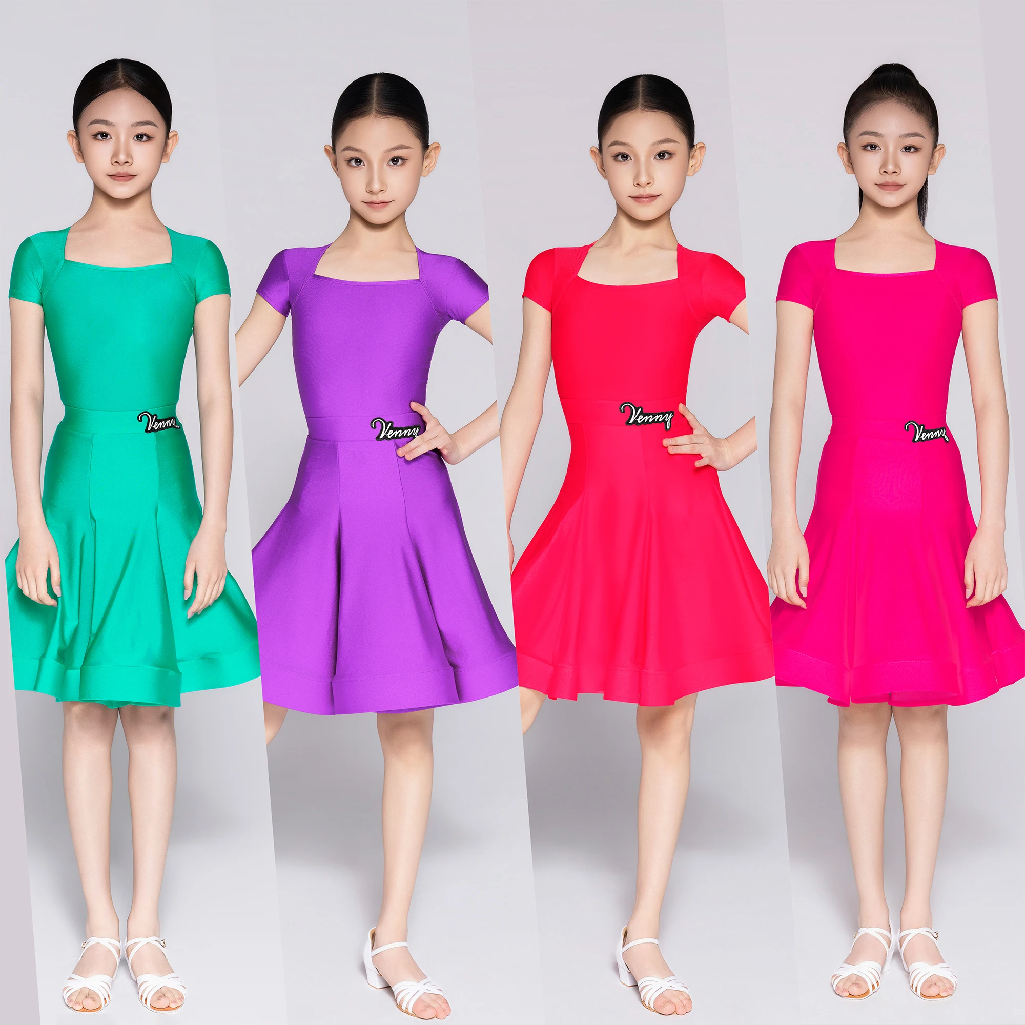 Vennystyle Latin dance costume for girls summer short sleeve regulation dress competition exam performance flared skirt new 2026