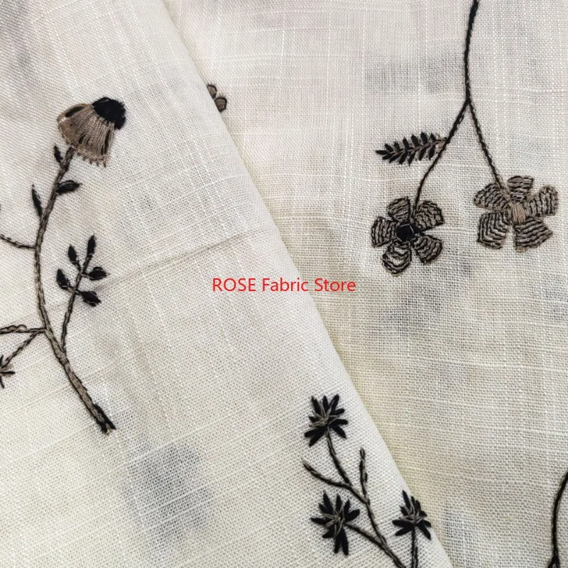 Flower embroidery Linen Cotton Fabric for Boho Dress, Summer Dress, Curtains, skirt, tops, tabletop, pillowcase, headbands