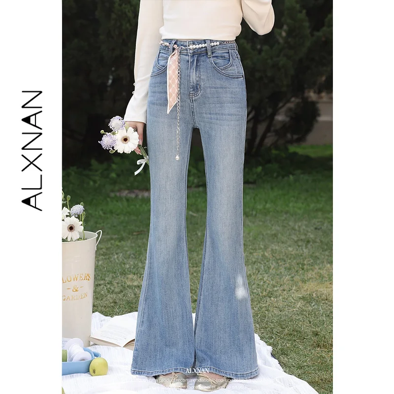 ALXNAN 2026 Summer Women's Blue Jeans Straight Micro Flare Slanted Moon Pockets Casual Elegant Slim-fit Ladies Clothing L61781