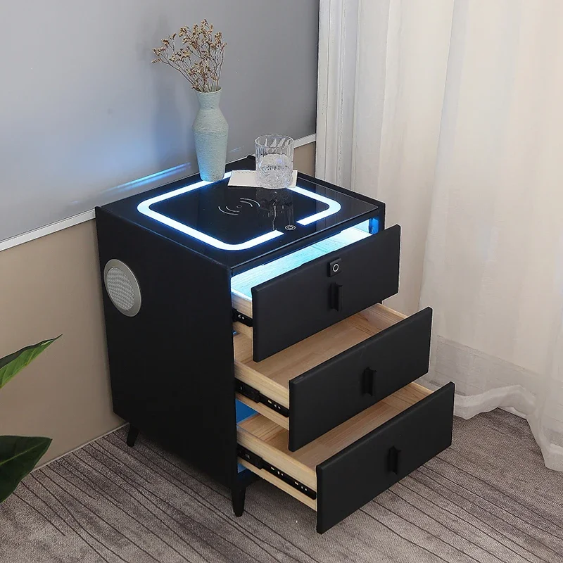 

New Modern Bedroom Wireless Charger Smart Bedside Table Safe Nightstand Wooden Bedside Table With Speakers