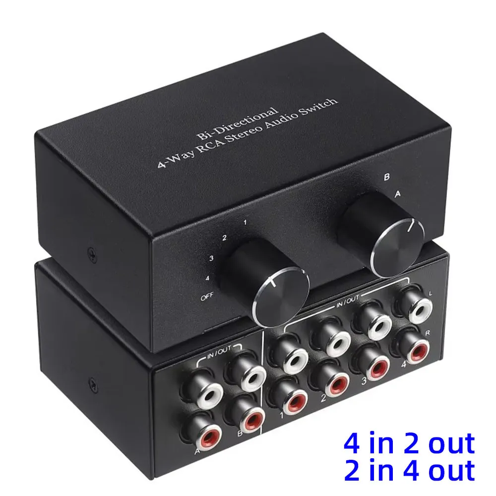 

4 Way Bi-Directional RCA Stereo Audio Selector 4 in 2 out 2 in 4 out L/R Sound Channel Audio Switcher Splitter with OFF Button