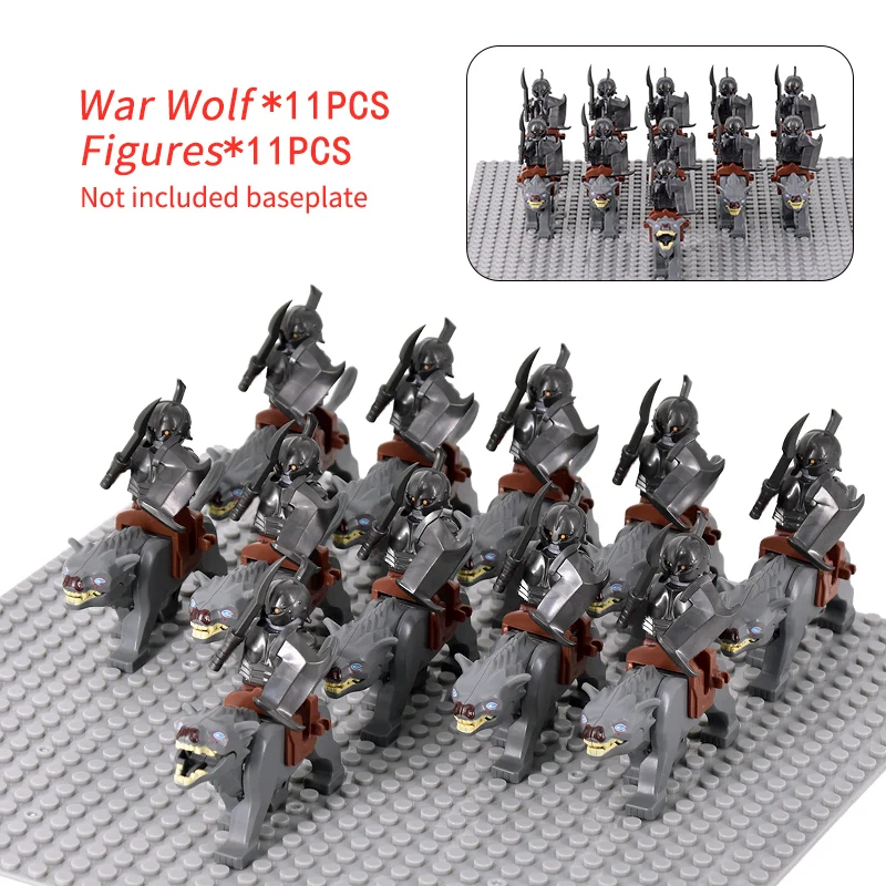 MOC Uruk-hai Orc Army Group Orcus Figures with Grey Wolf Mount Model Building Blocks LOTR Bricks Medieval Toys for Children gift