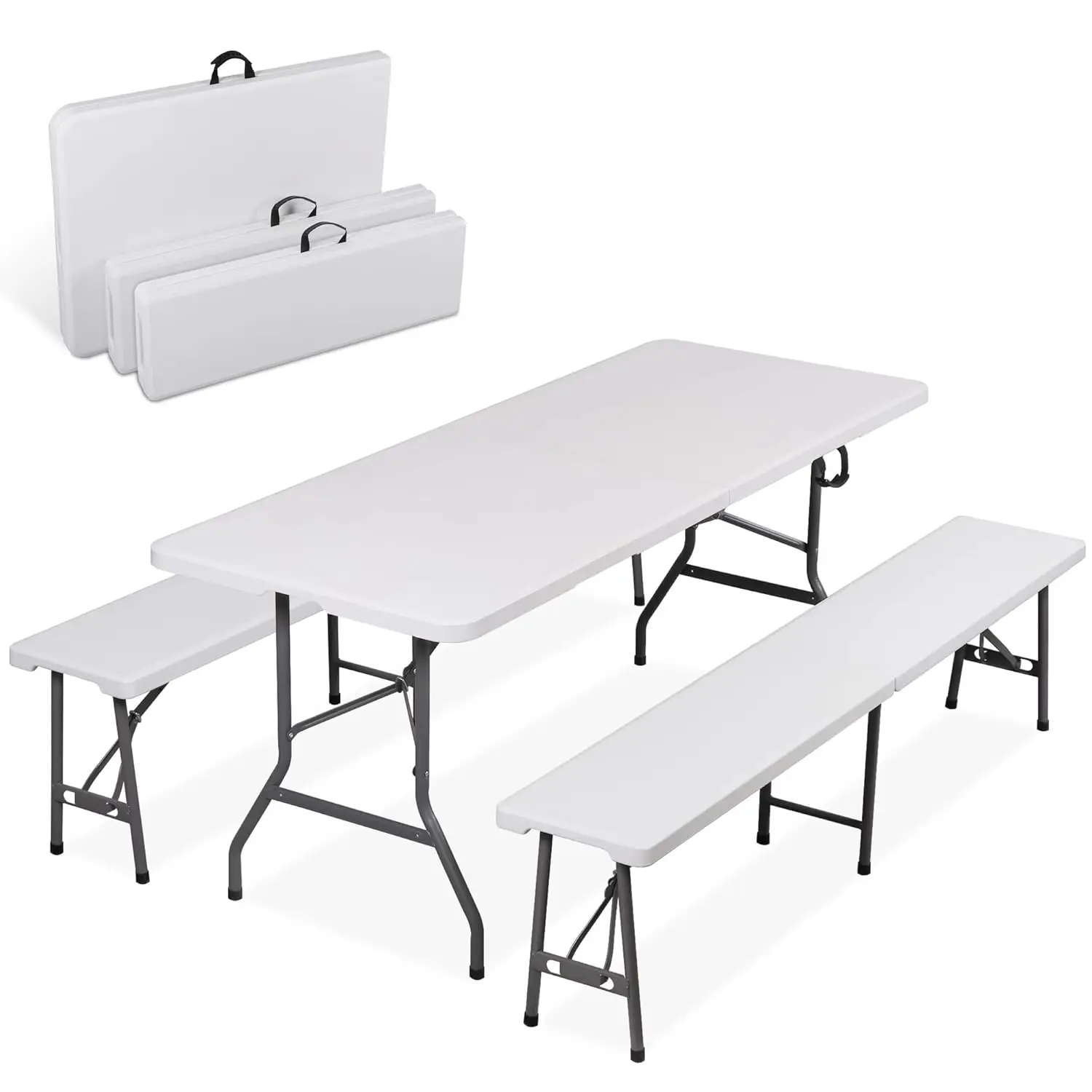 

6 Feet Picnic Table Set with 2 Benches, 3-Piece Camping Table Chair Set for Dining, Party, Garden, White, Customized