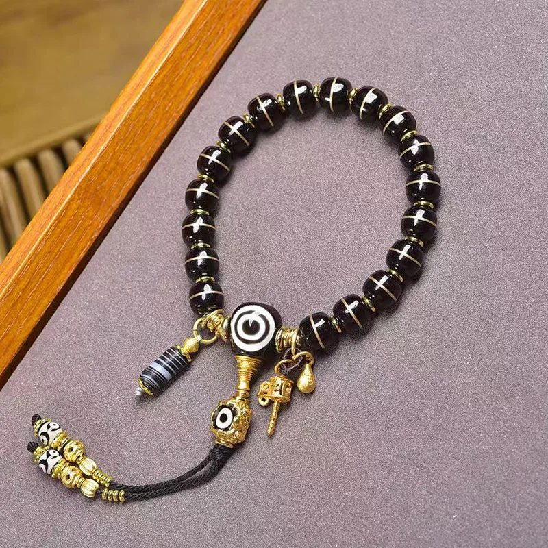 Natural Black Gold Coconut Husk Copper Bracelet with Single-Circle Agate Triple-Prong Pendant Cultured Stone Accessory Bracelet