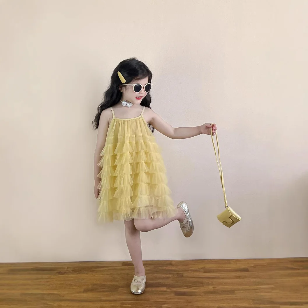 Girls Summer Sweet Wind Yellow Cake Suspender Dress Puffy Gauze Skirt Wavy Lace Shorts Single Casual