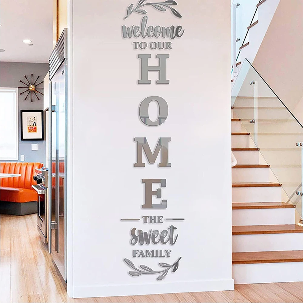 Autocollant mural miroir 3D avec Logo familial pour la maison, décoration d'entrée, salon, chambre à coucher, arrière-plan de la maison, décoration murale DIY
