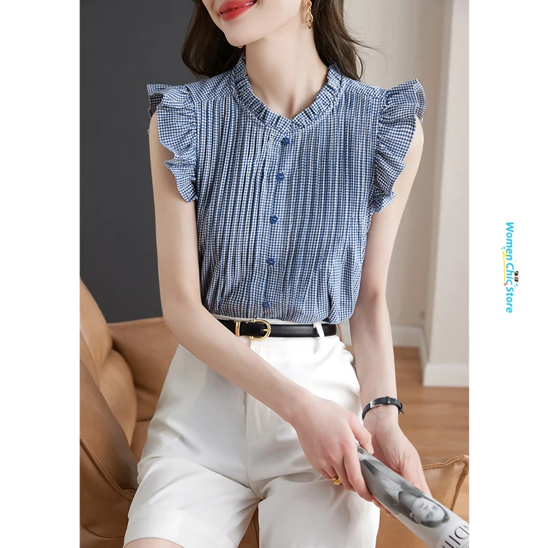 

French Style Elegant Ruffles Spliced Sleeveless Fold Blue Plaid Shirt Women Tops 2024 Summer Loose Blouse Camisas De Mujer C2226