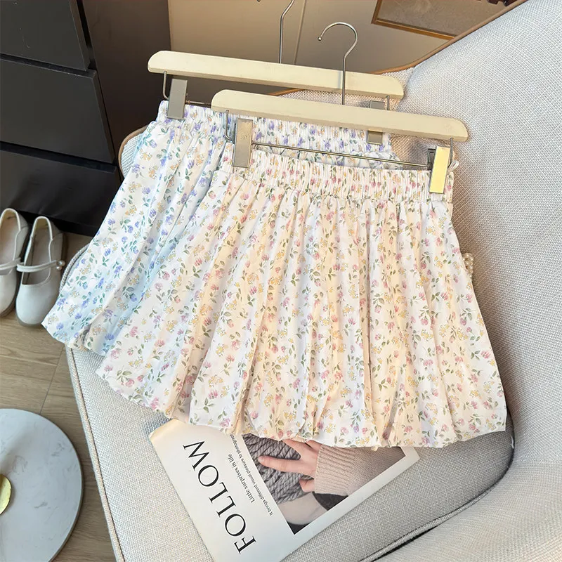 Pink Floral Print Women' Skirt 2026 Summer Gentle Style A-line Ball Gown High Waist Slim-looking Beautiful Anti-exposure Skirts