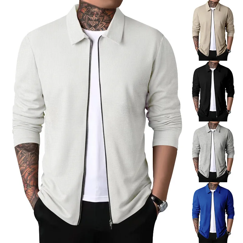 Waffle Texture Zipper Cardigan Jackets For Man, Slim Fit Shirt Collar Men's Jacket, Solid Color Autumn Casual Coat