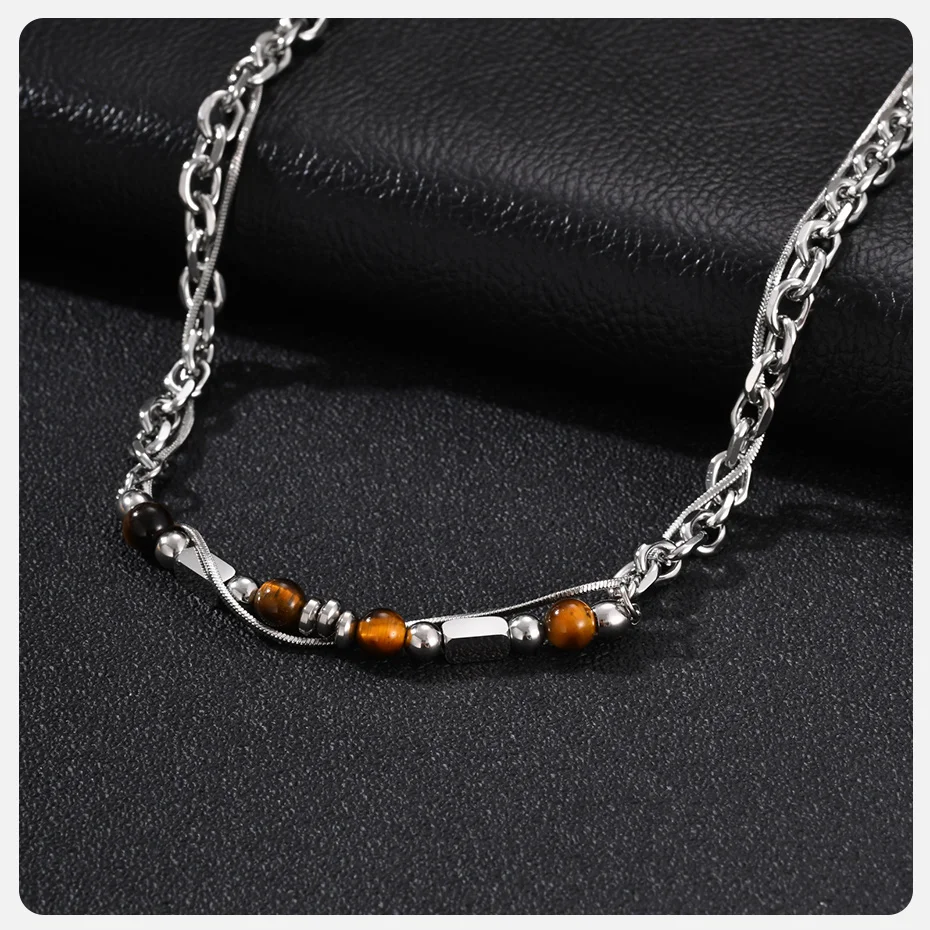 Vnox Figaro Doppelschichtige Kettenhalskette für Männer, Edelstahl Türkis Tigerauge Onyx Perlen Verstellbarer Hip-Hop Schmuck Geschenk – Detail 9