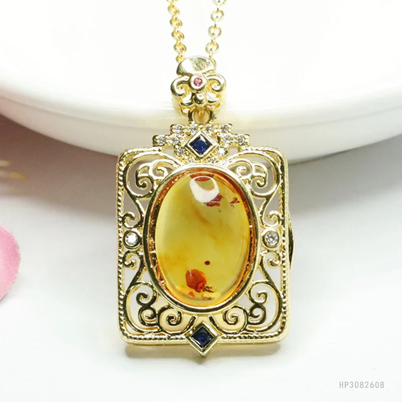 Natural amber pendant, flower amber no matter brand necklace, hollowed out retro.