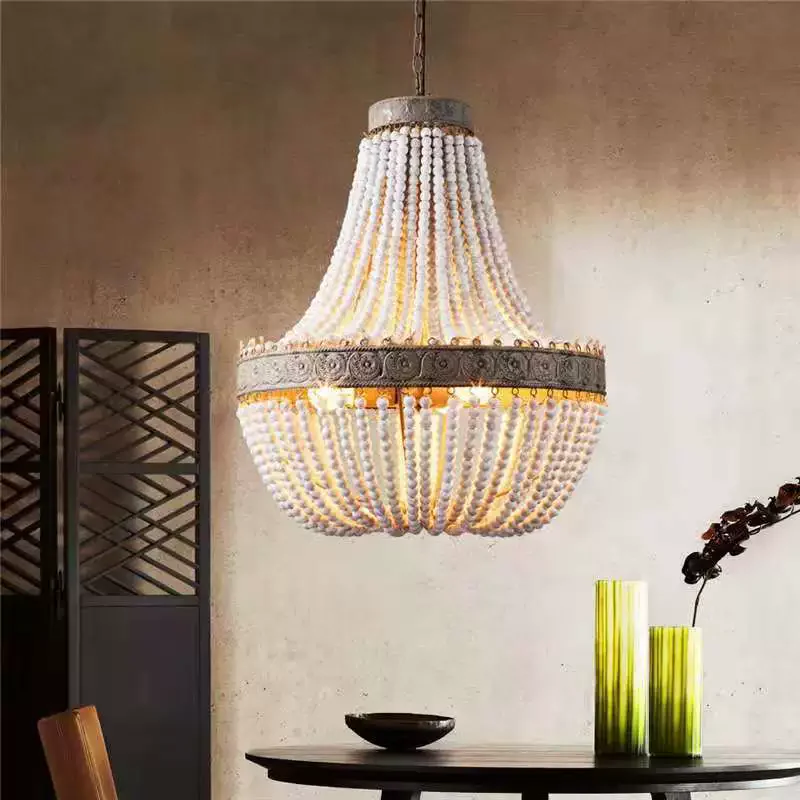American Country style Retro Hanging Lime white Wooden Beads Pendant Lamp LED lights E27 AC 110V 220V for Bedroom Living Room