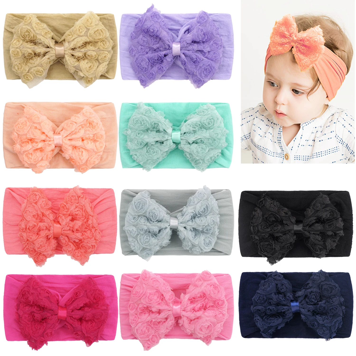 

10Pcs Baby Girls Headbands Big Multi-Coloredd Chiffon Hair Flower Bows Soft Stretchy Hair Band Headbands for Baby Girls Infants