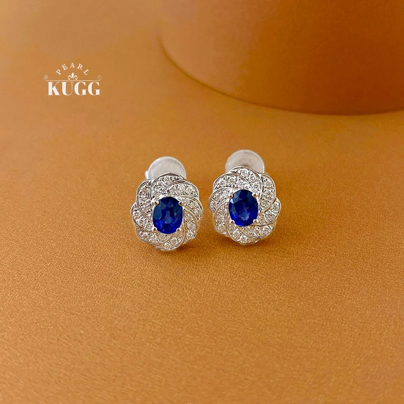 

KUGG серьги из 100% белого золота 18 карат, женские романтические серьги-гвоздики в форме цветка с блестящими бриллиантами и натуральным сапфиром, высокие свадебные украшения