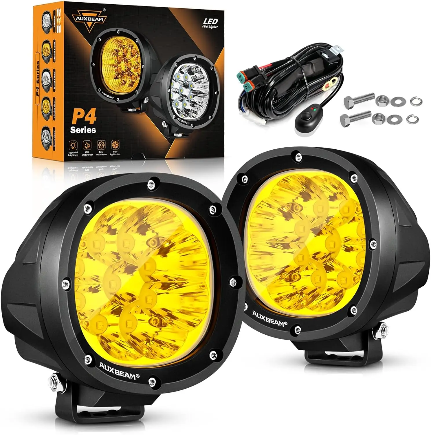 LED Amber Fog Lights 4 inch 90W, Round Offroad Lights 9000LM Yellow Driving Light Bar, Off Road Spot Light Pods Bumper Ditch Wor