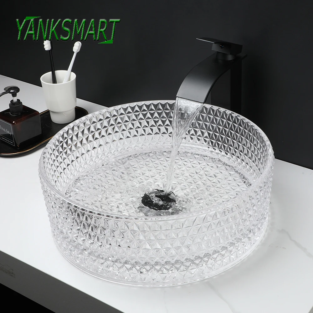 

YANKSMART Tempered Glass Round Vessel Sink Bathroom Vanity Washbasin Set Above Counter Deck Mounted Mixer Faucet W/ Pop-up Drain