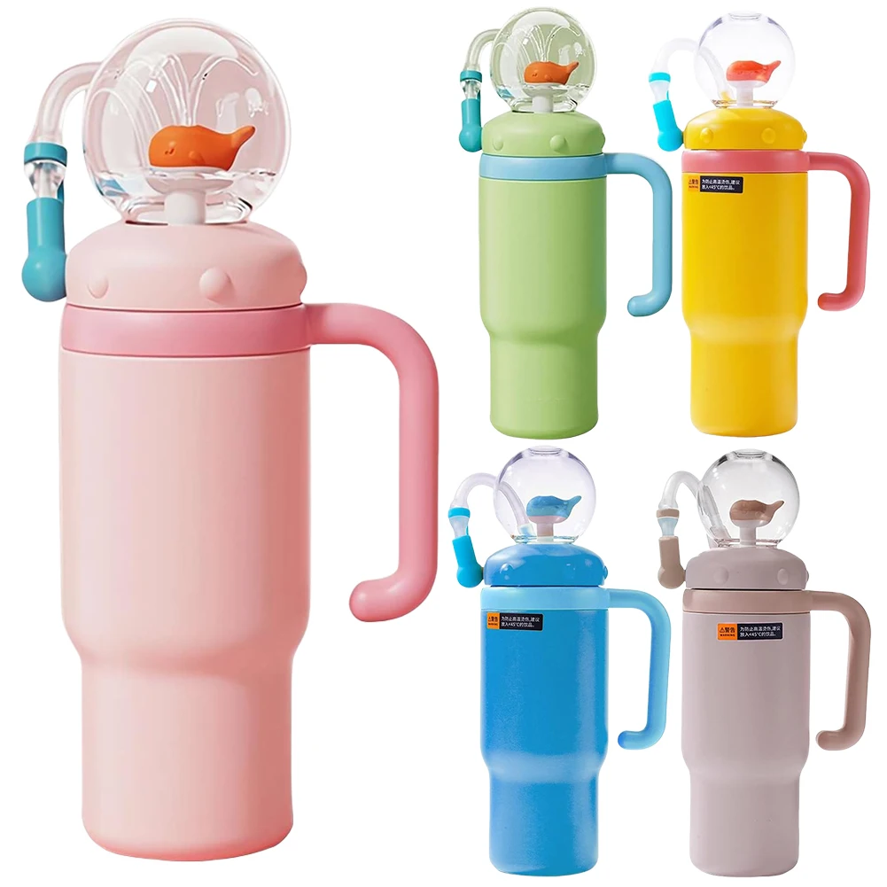 24oz Whale Fountain Tumbler with Handle Stainless Steel Drinking Cup with Straw Fun Whale Squirt Cup Leak Proof Water Bottle