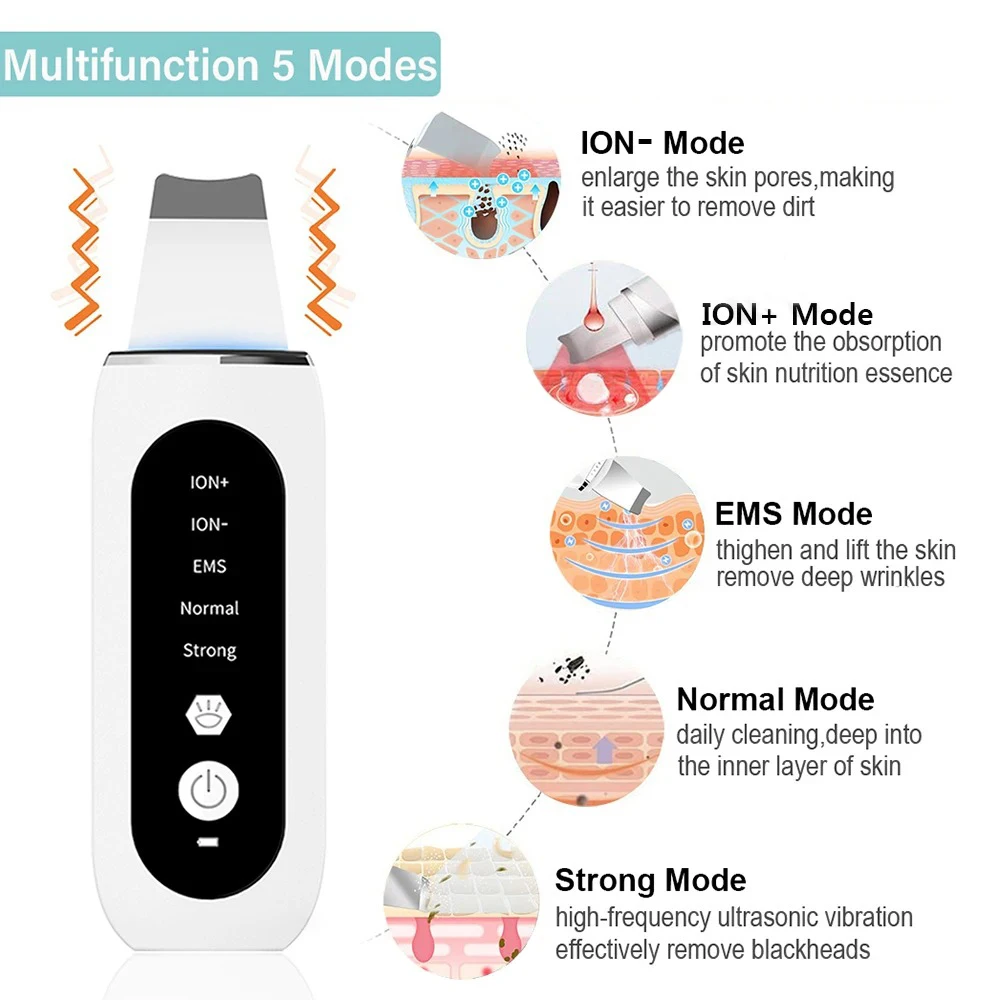 Ultrasonic Facial Shovel Cleanser Skin Scrubber Peeling Blackhead Remover Deep Face Cleaning Ultrasonic Ion Ance Pore Cleaner