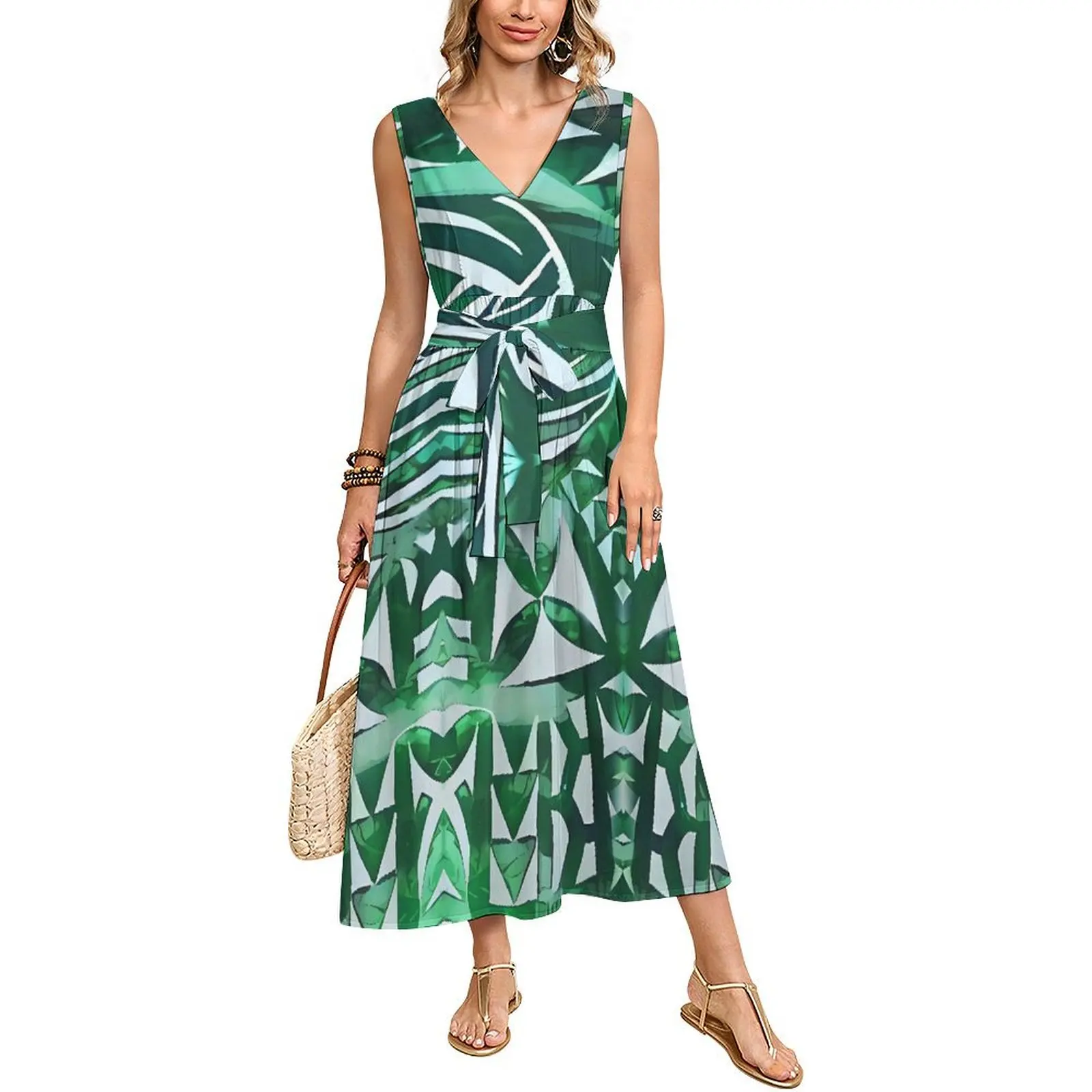 

Summer Design-Sense Long Waist-Cinching V-Neck Sleeveless Women'S Dress Polynesian Custom-Made Elegant Dress