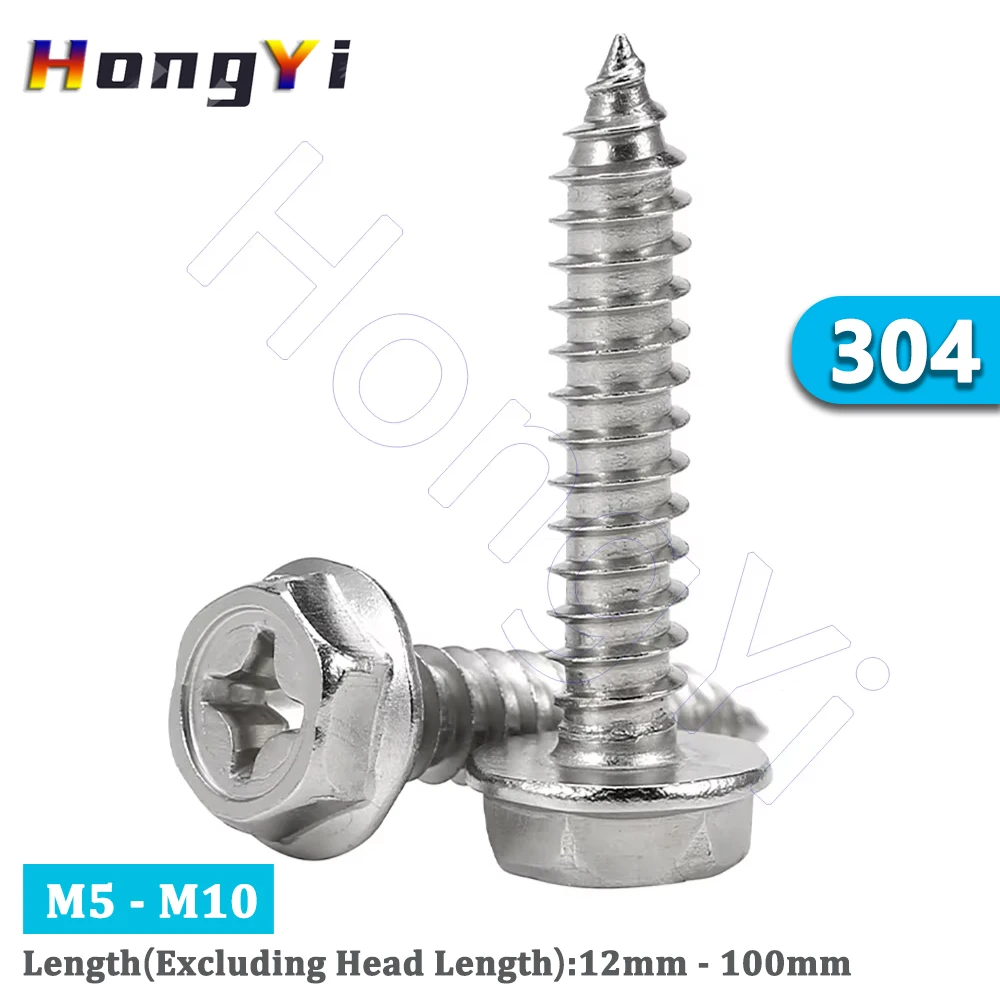 M5 M6 M8 M10 304 Stainless Steel Self-Tapping Phillips Hex Head Flange Wood Screw With Washer Length 12-100mm