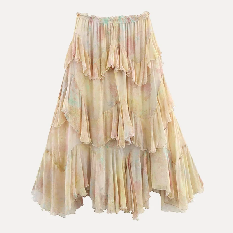 2025 Summer New Women's Faion Small Print Layered Decoration f Skirt High Waist Cake Skirt Polyester Fiber Loose Fit