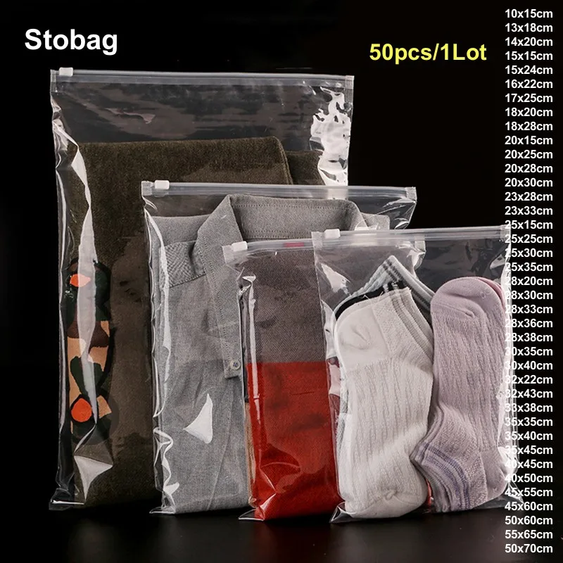 StoBag 50/20pcs Wholesale PE Transparent Clothes Zipper Package Bags Shirt Storage Plastic Clear Pouches Travel Organizer Logo