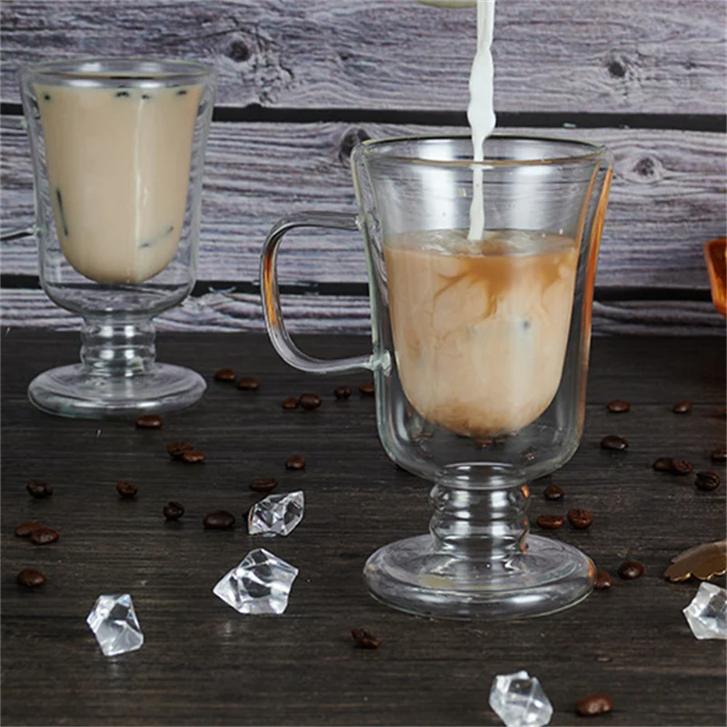 Double Wall Glass Irish Coffee Mug Bubble Tea Milkshake Cup Ice Cream Cup with Handle Milk Fruit Juice Glass Cup