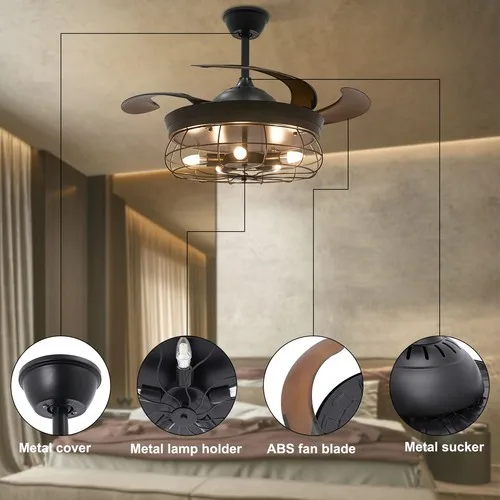 

42" Farmhouse Ceiling Fan Light Rustic Metal Cage Pendant Light Fixture w/Remote
