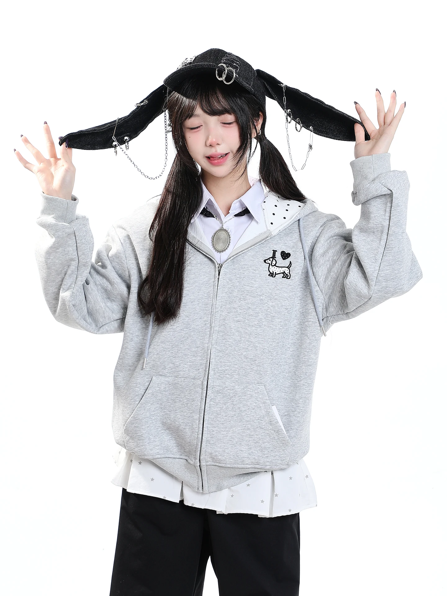Korean Style Embroidered Dog Hoodie Women's Unique Super Cute Loose Casual Zipper Anti-Aging Open Cardigan Outerwear