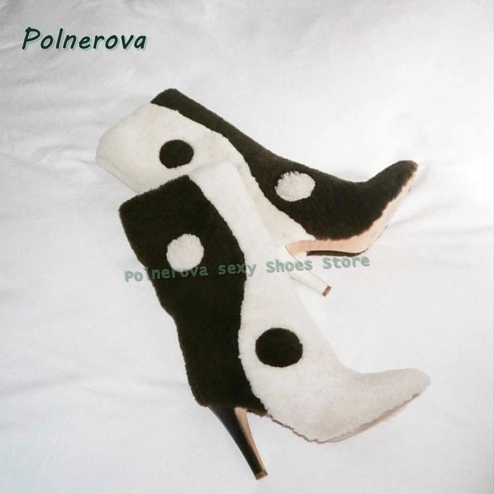 Faux Fur Mixed Colors Fashion Boots Pointed Toe Stiletto Taiji Pattern Patchwork Women Knee High Boots 2026 Street Style Newest