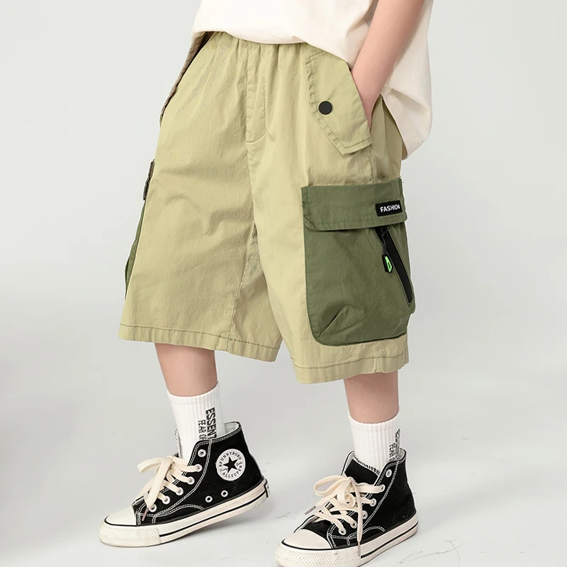 New Teens Boys Summer Cargo Shorts 3-12 Years Kids Fashion Zipper Pocket Knee-length Pants Casual Outdoor Thin Cotton Trousers