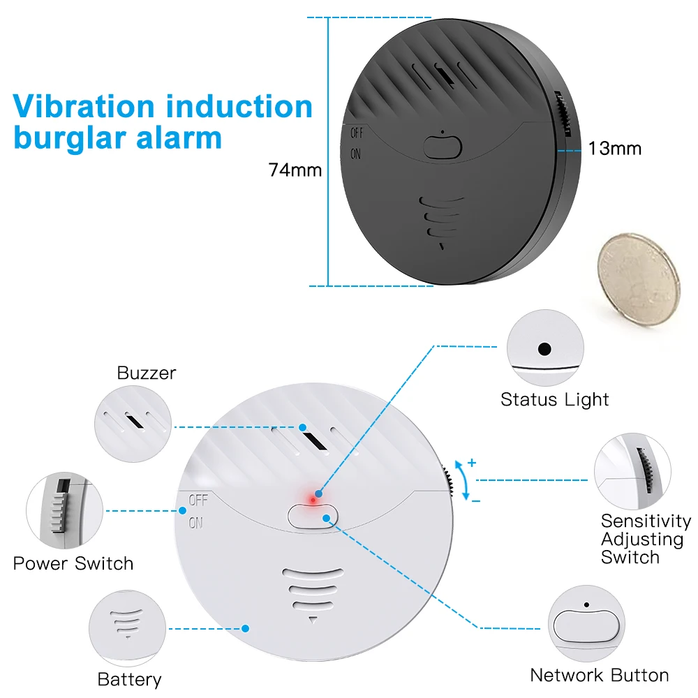 WSDCAM 130dB Wifi Tuya Smart Door Window Alarm Anti Theft Security Broken Window Vibration Alarm Wireless Burglar Sensor Alarm