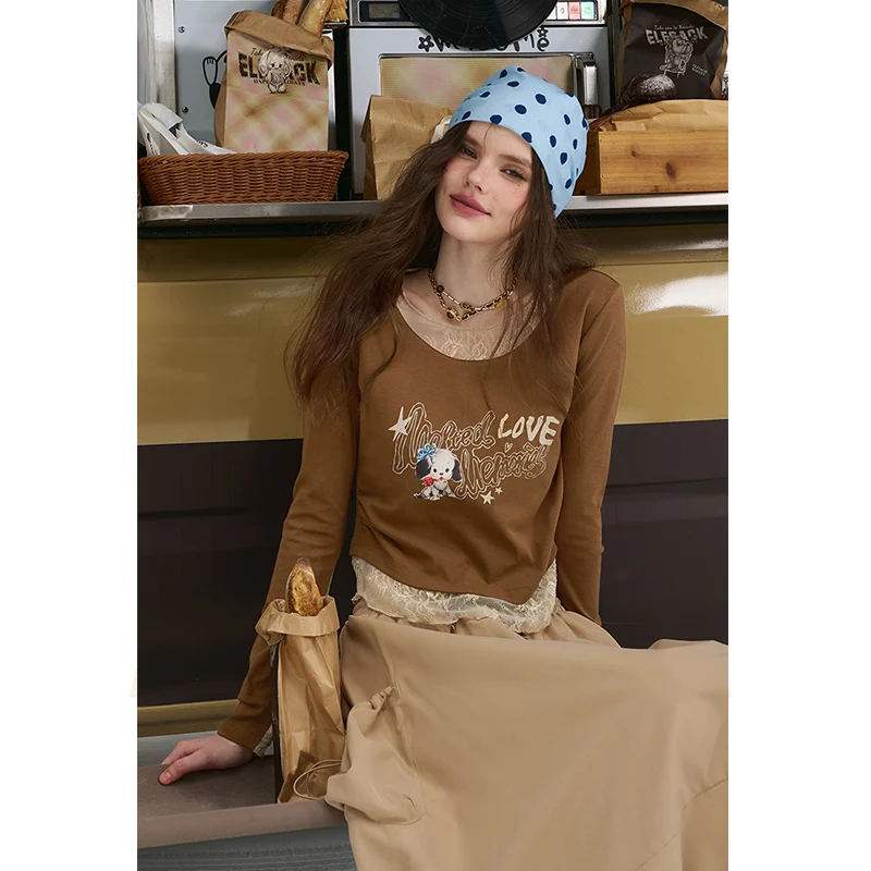 ELFSACK Women's Long Sleeve Graphic Tee with Cartoon Print, Lace Trim Crop Top, Cute Casual T-Shirt for Daily Wear