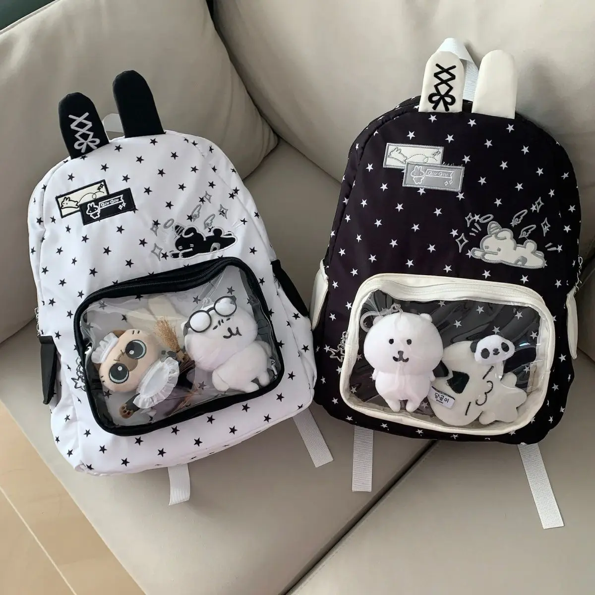Original Cute All Match Star Rabbit Ears Kawaii Backpack Preppy Style Sweet School Backpack for Girl Transparent Layer Ita Bag