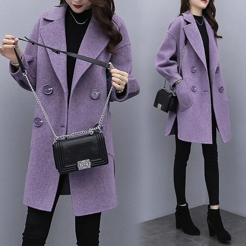 Women's Solid Color Fashionable Wool Coat for Women Autumn Spring New Korean Style Mid-length Lantern Sleeve Wool Coat