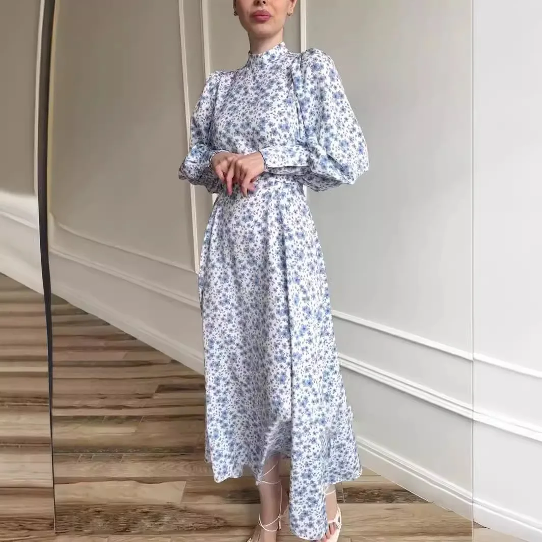 Print Satin Dress for Women Loose Lace-up Islamic Clothing A-line Long Dress Spring Dubai Abaya Turkey Arabic Muslim Dress Women